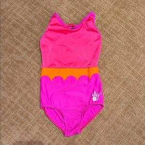 Girls' Bright Pink One-Piece Swimsuit with Orange Scallop Waist